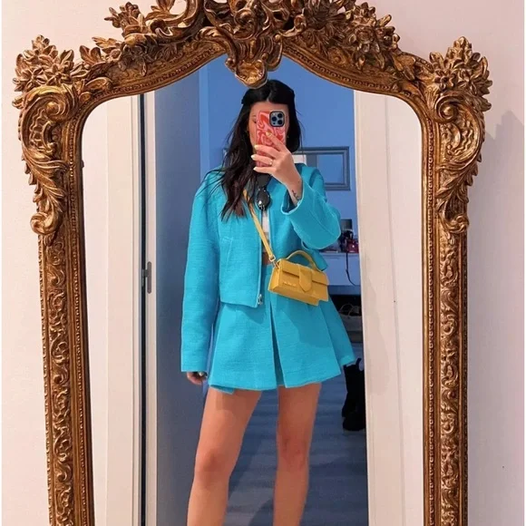 Zara NWT tweed  blue mini pleated skort / skirt with built in hidden shorts - Picture 4 of 12